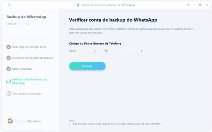 guia de transferência de icarefone - interface de backup do whatsapp