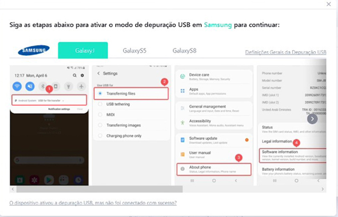 habilite a depuração USB seguindo o guia