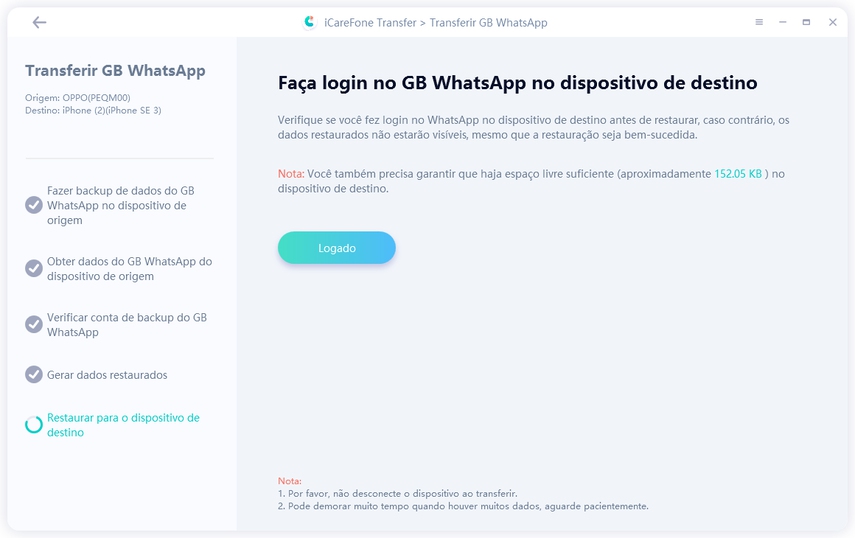 transferir WhatsApp GB/WhatsApp do Android para o iPhone