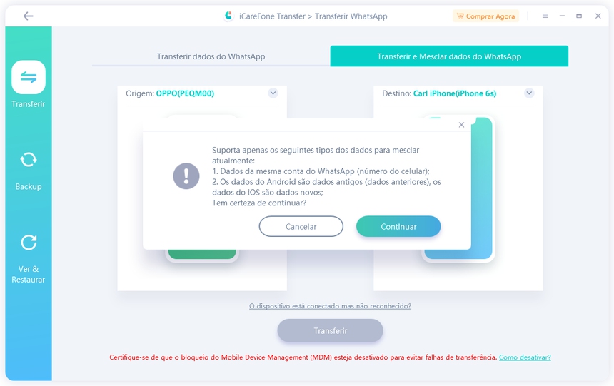 beckup, mesclar, restaurar dados do WhtasApp usando iCareFone Transfer