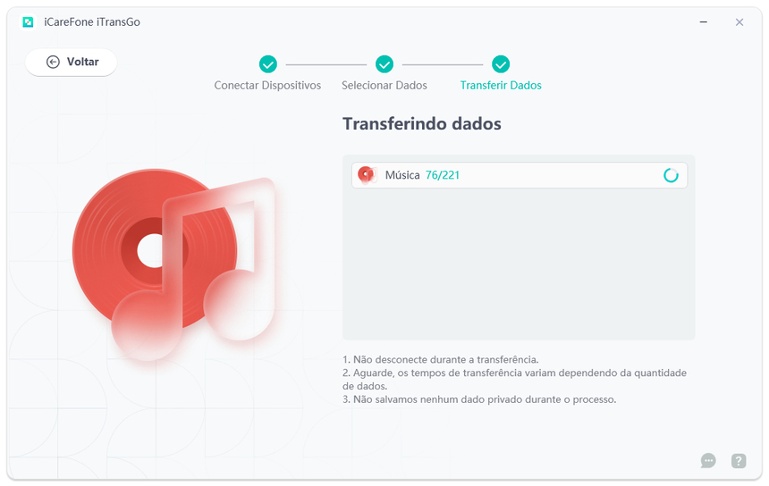 aguarde o icarefone itransgo passa os dados do android para o iphone depois de configurado