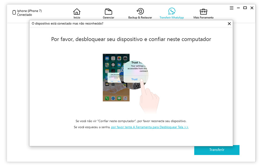 guia de restaurar backup do whatsapp para iphone com icarefone etapa 1