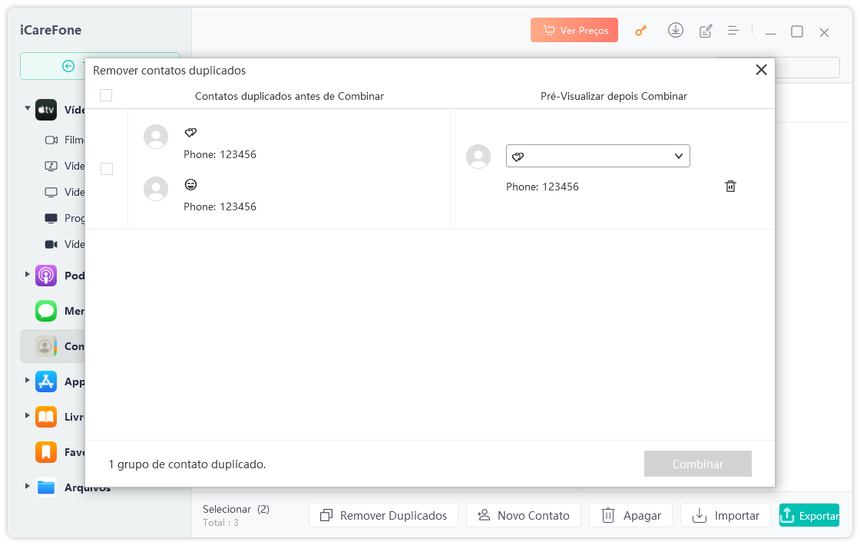 clique em remover duplicados e combinar contatos do iPhone no PC