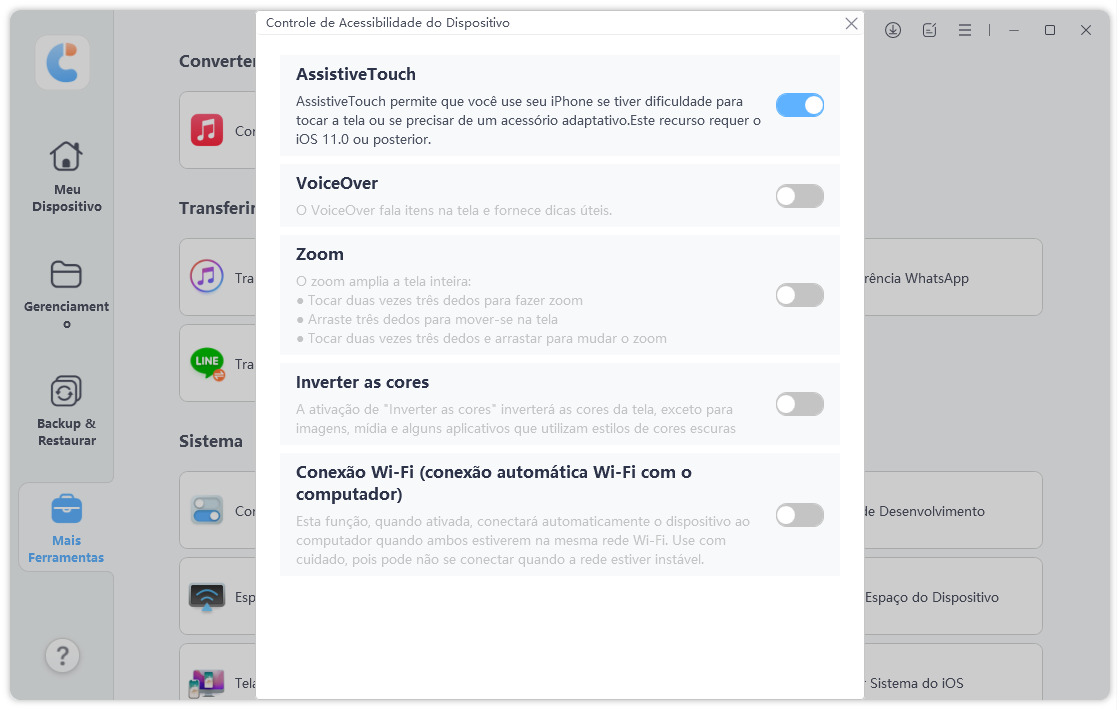  Acessibilidade do Dispositivo no iCareFone