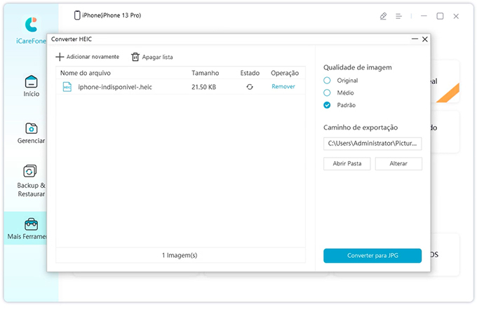 converter arquivo heic em jpg via icarefone