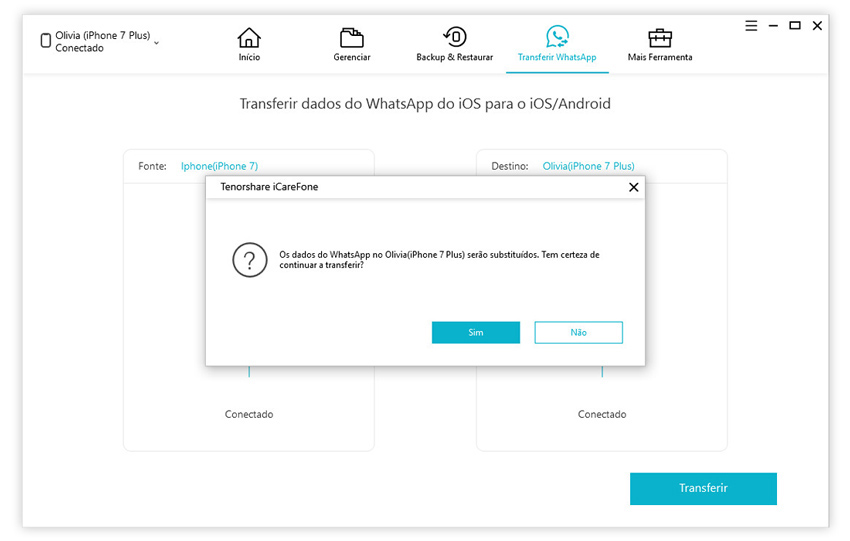 guia de transferir mensagens whatsapp iphone para iphone com icarefone etapa 2