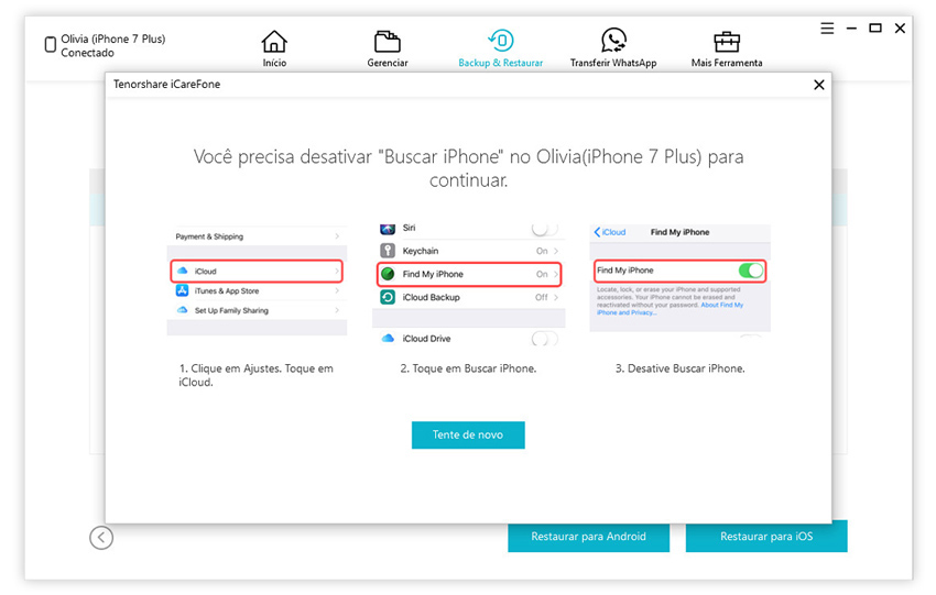 guia de restaurar backup do whatsapp para iphone com icarefone etapa 3