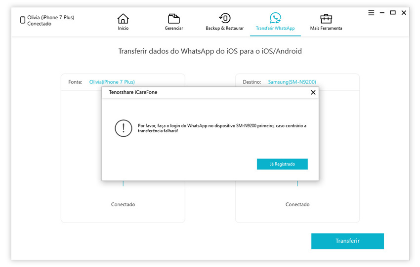 guia de transferir whatsapp iphone para iphone com icarefone etapa 2