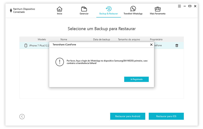 guia de restaurar backup do whatsapp para android com icarefone etapa 3