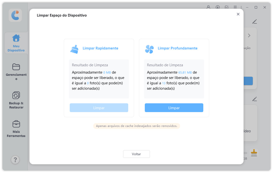 limpar espaço do iPhone ou iPad via icarefone