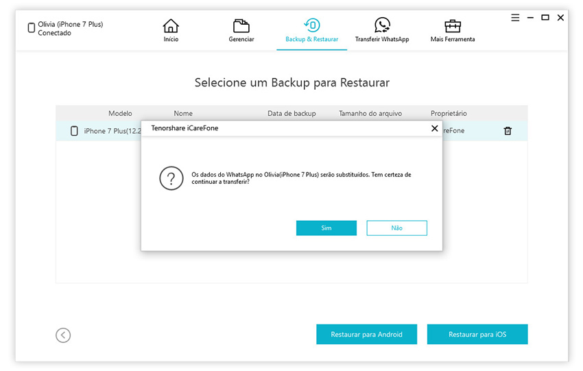 guia de restaurar backup do whatsapp para iphone com icarefone etapa 3