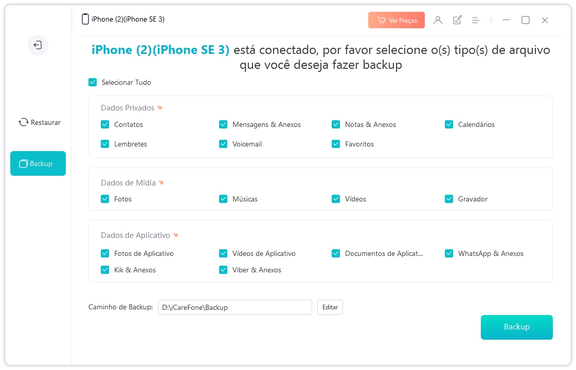 escolhe os arquivos que quer backup