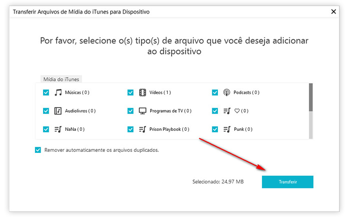 selecione tipo de arquivo ao dispositivo