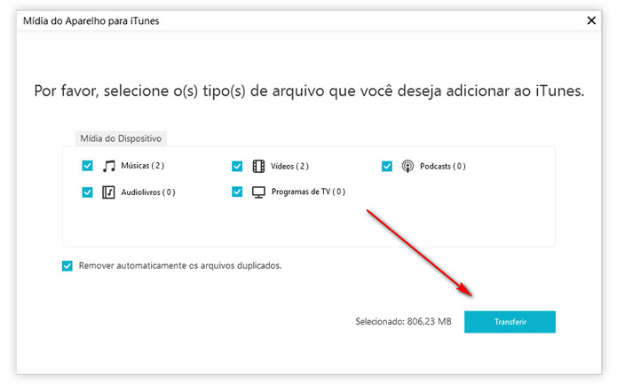 selecione tipo de arquivo ao iTunes