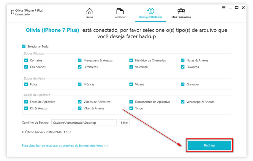 selecione tipos de arquivo para backup
