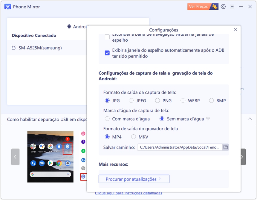 configurar formato de captura de tela