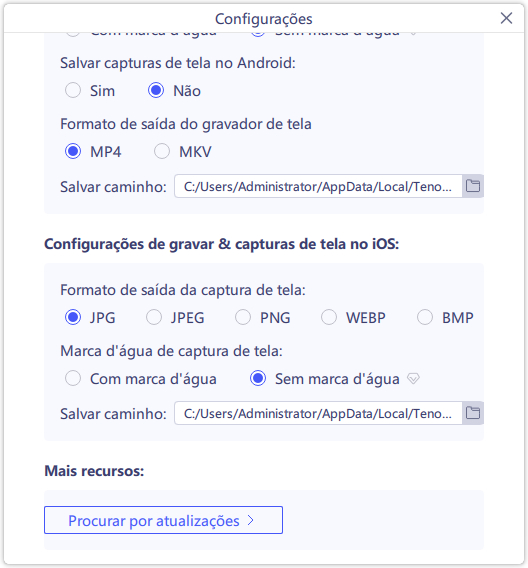configurações de capturas de tela do ios no pc