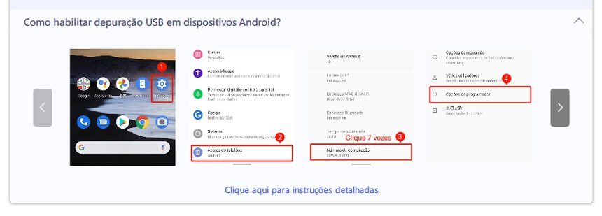 ativar depuração usb no Phone Mirror