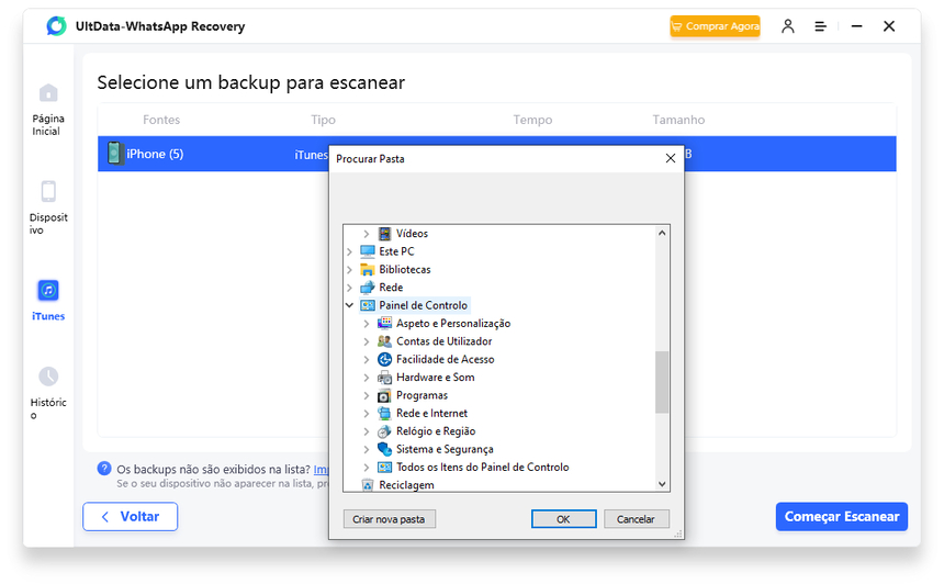 importar backup do iTunes- UltData WhatsApp Recovery - guia