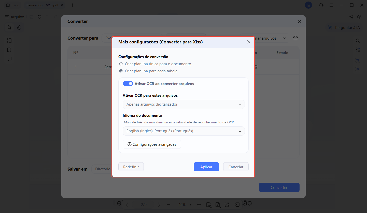 convert to excel settings