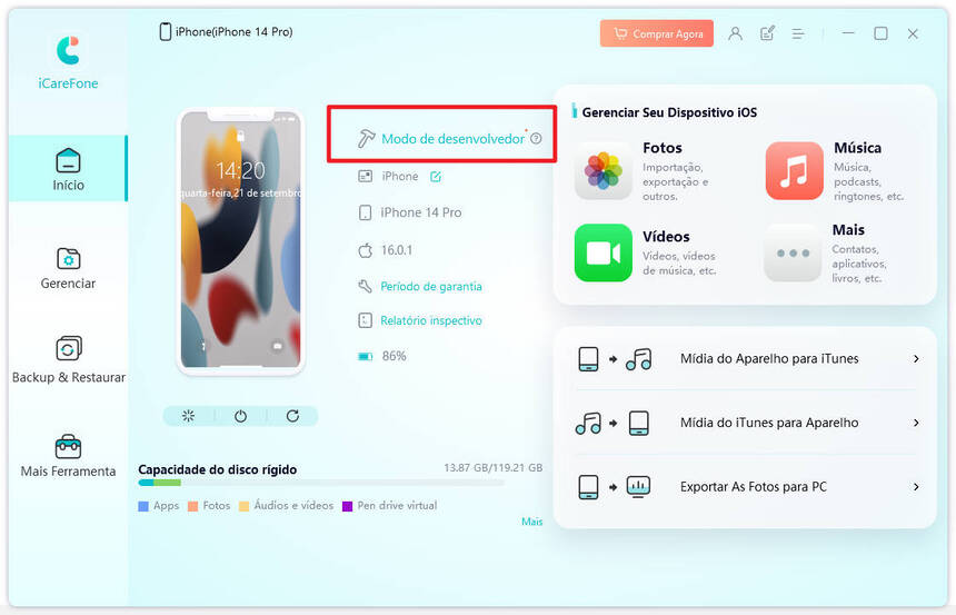 ligue o iPhone ao Modo de Desenvolvimento