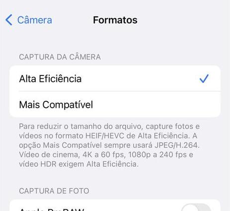 configurar formato de foto no iPhone 