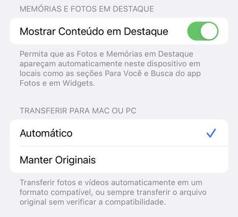 foto com formato automático no iPhone para transferir