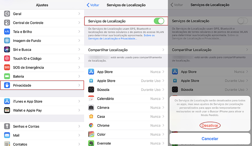 desativar serviço de localização