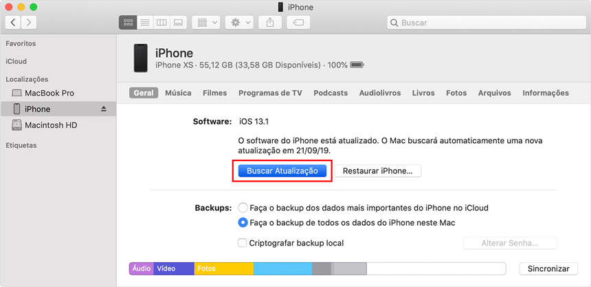 buscar atualização pelo iTunes