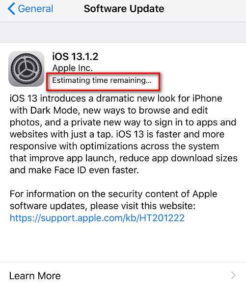 ios 13 update shows estimating time remaining