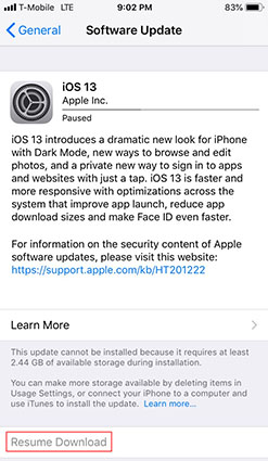 ios 13 update stuck on resume download