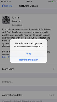 unable to install ios 13