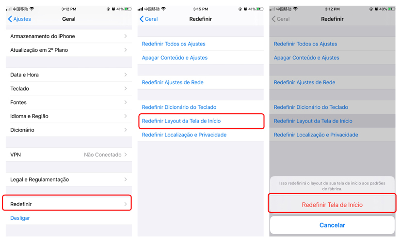 Redefinir Tela de Início para resolver o problema ios 14
