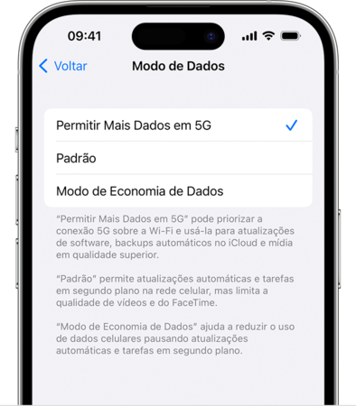 ativar a opção permitir mais dados no 5G para corrigir o congelamento do iPhone durante a atualização do iOS 26