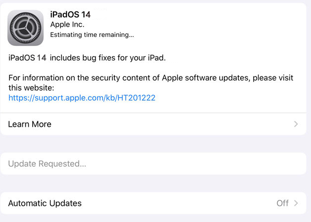 atualização do ipados 14 travado no estimando o tempo restante