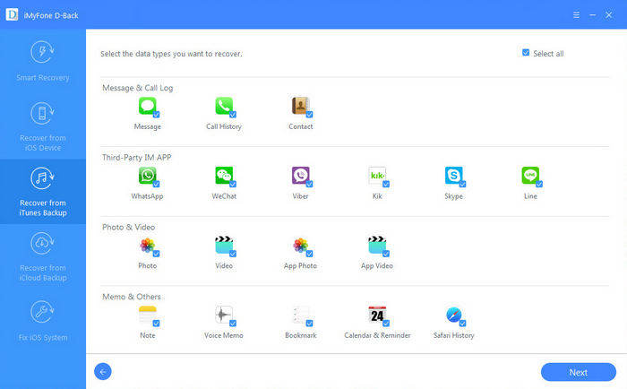 a interface do imyfone dback