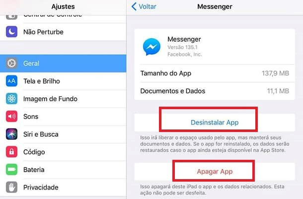 desinstalar ou apagar app