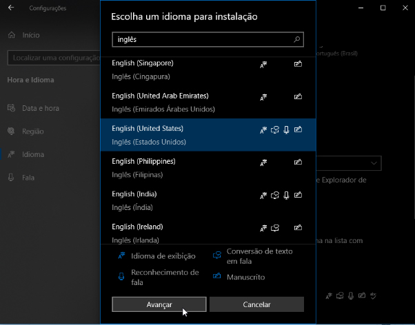 escolher idioma para instalar