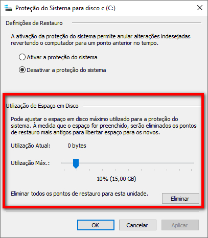 utilizar espaço em disco
