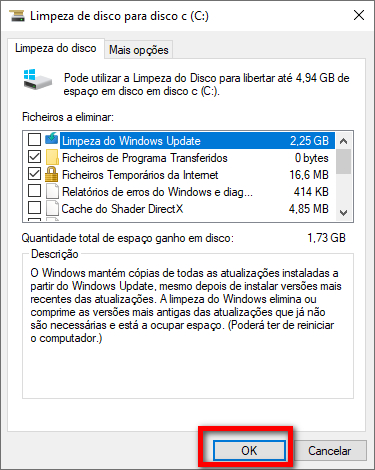 escolhe arquivos a limpar espaço no disco