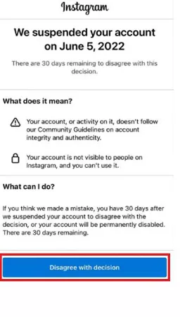 discordar da decisão da conta suspensa no Instagram
