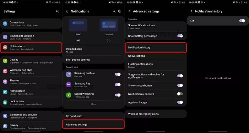 ativar o histórico de notificações da Samsung