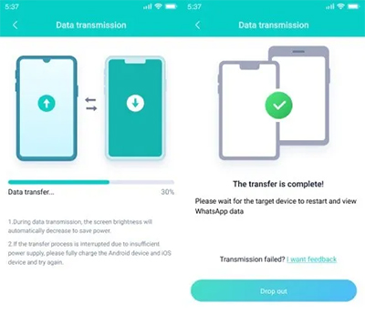 transferir whatsapp de iphone para android concluída