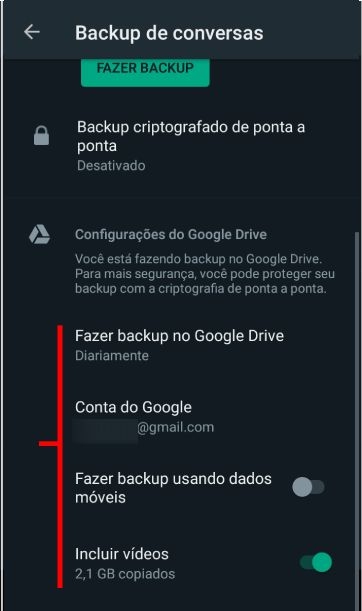 incluir vídeo no backup